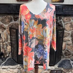 Soft Surroundings Womens 1X Orange Floral Boho V Neck Pullover Tunic Sweater Top